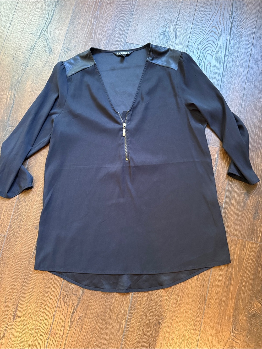 Express Black V-Neck Zip Tunic with Faux Leather Shoulder Trim